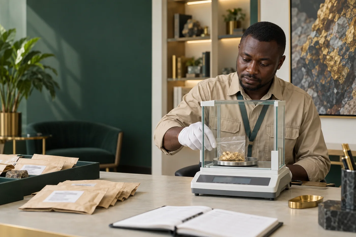 Illustrative purchasing officer weighing a sealed mineral sample