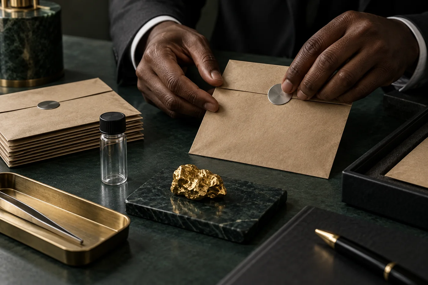 Illustrative sealed evidence envelope and gold sample record materials